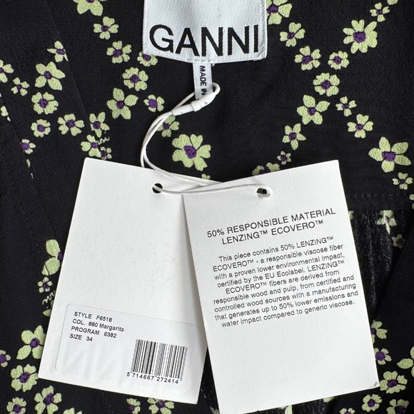 NWT GANNI Printed Floral Crepe V-Neck Blouse Black Margarita Size 34 (S/M) - Picture 10 of 15